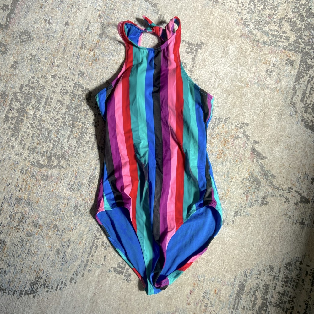 Old Navy High Tie-Neck Open Back Vertical Multi Stripe One-Piece Swimsuit